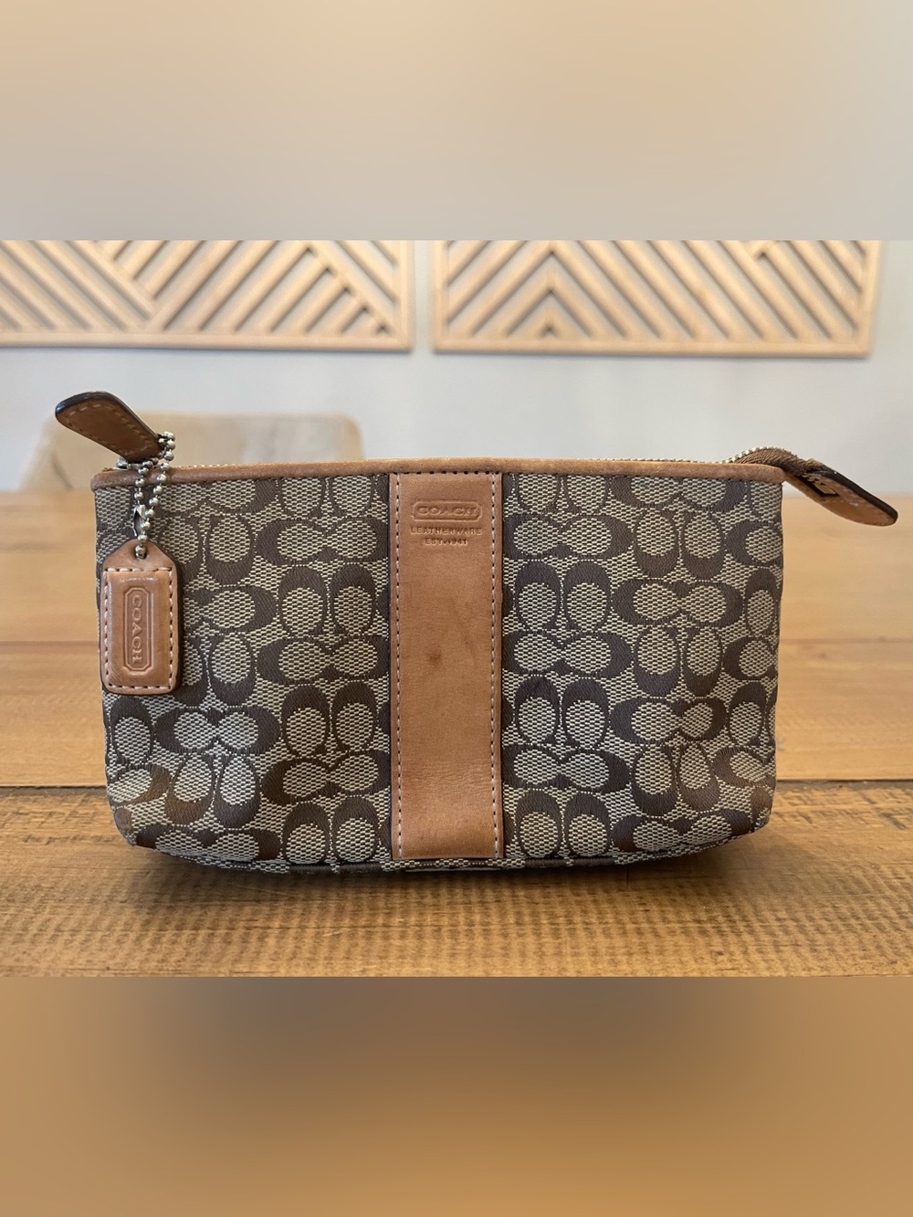 Coach Brown Signature Canvas Cosmetic Pouch/Wristlet  with Tan Leather Trim
